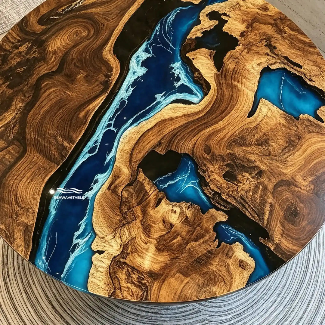 Seawavetable-High-gloss round blue epoxy river table black walnut burl for living room decor