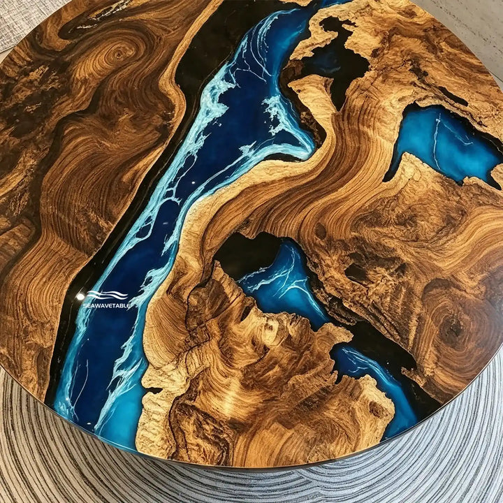 Seawavetable-High-gloss round blue epoxy river table black walnut burl for living room decor