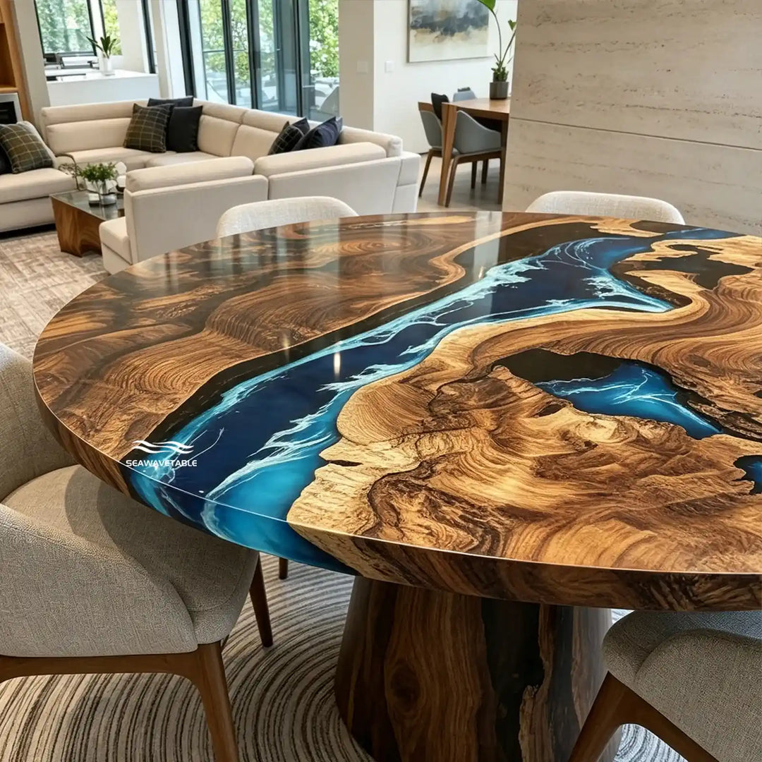 Seawavetable-Art functional epoxy table round black walnut with realistic ocean wave resin