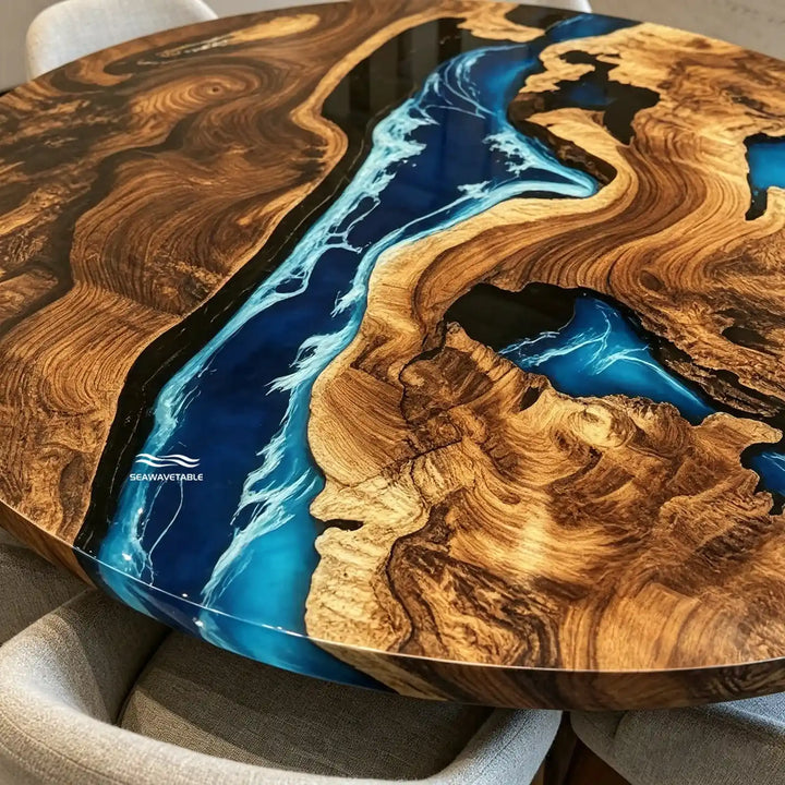 Seawavetable-Unique handcrafted custom epoxy table round black walnut natural grain wave resin