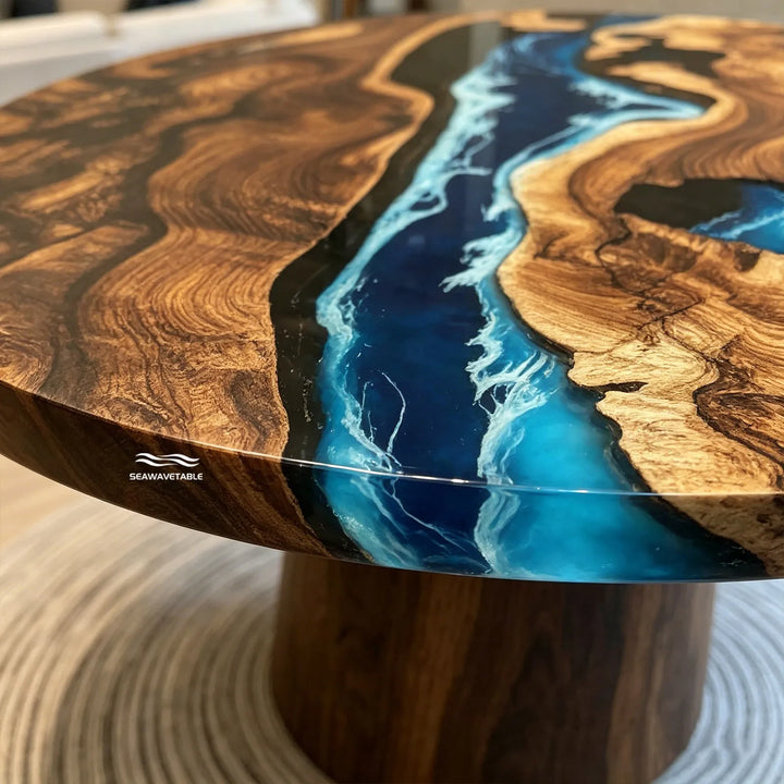 Seawavetable-Minimalist modern epoxy table round black walnut burl vibrant blue ocean flow