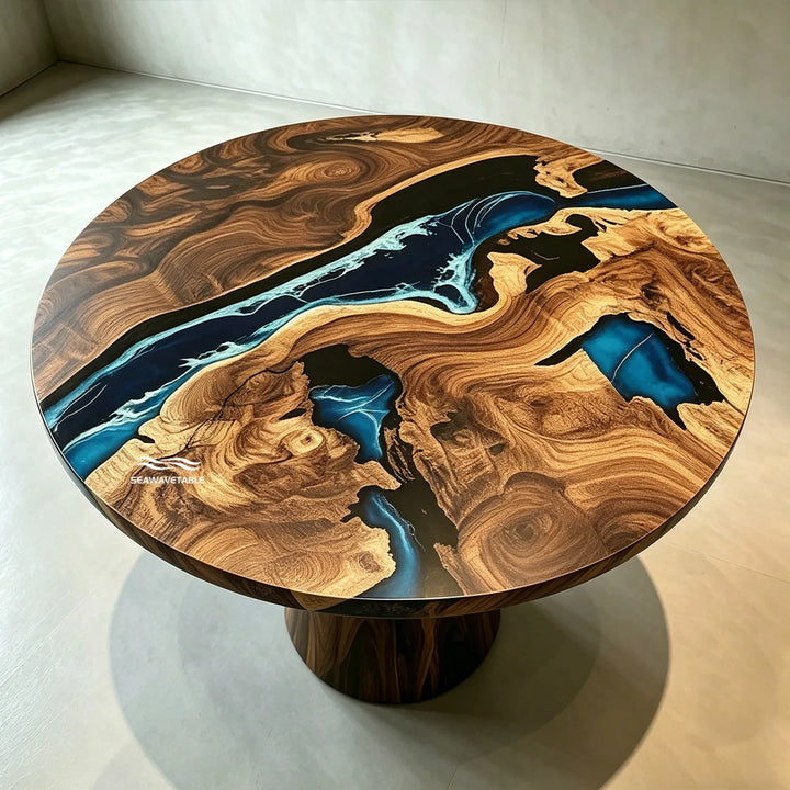 Seawavetable-Handcrafted epoxy river table round black walnut with natural white wave foam design
