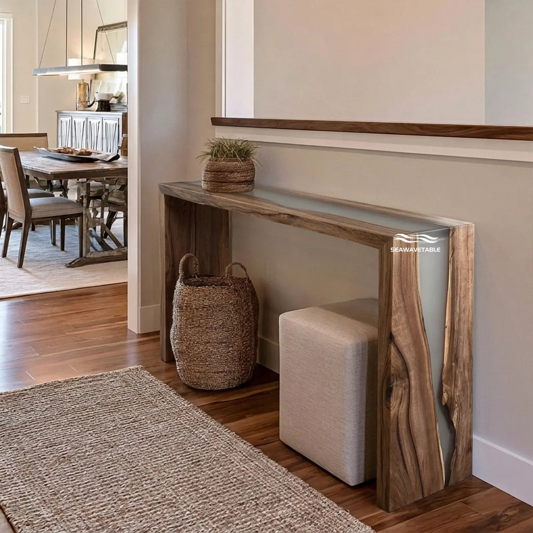 Seawavetable-Black walnut double waterfall epoxy console table clear grey resin full matte finish straight edge