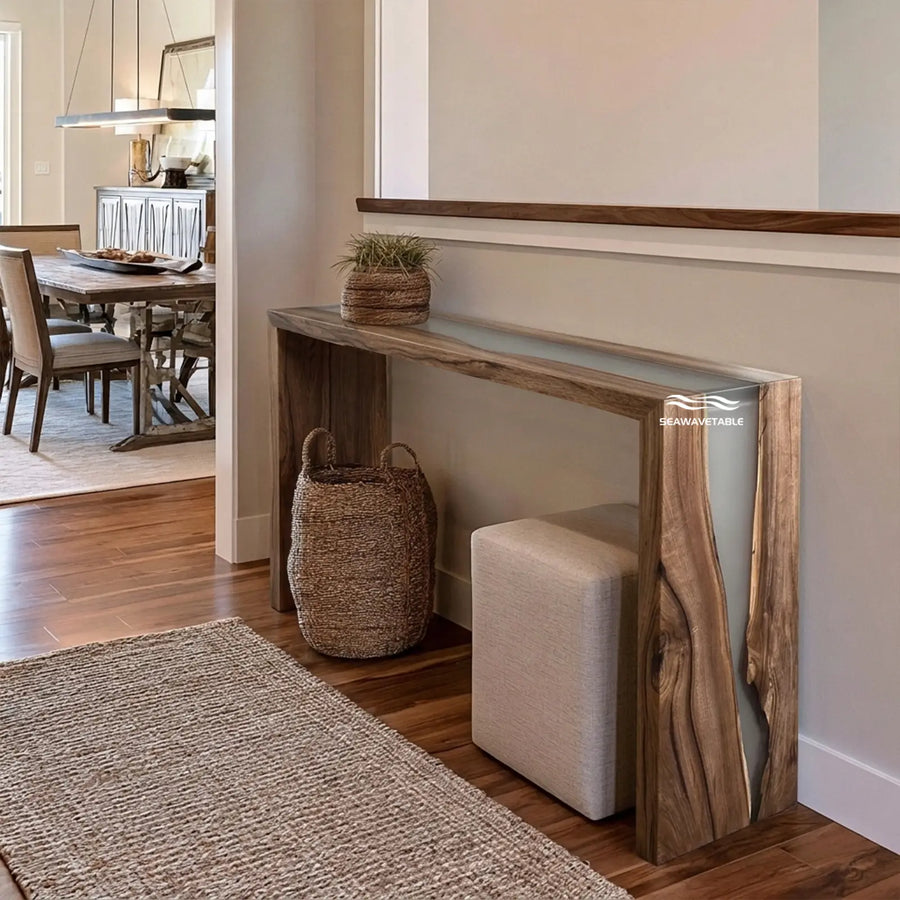 Seawavetable-Black walnut double waterfall epoxy console table clear grey resin full matte finish straight edge