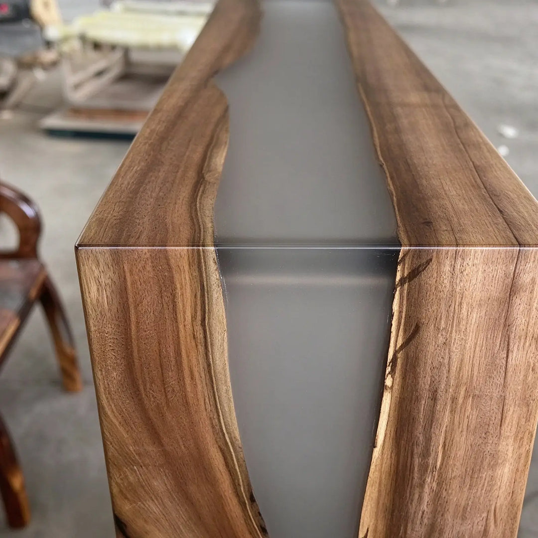 Seawavetable-Modern organic black walnut console table continuous resin waterfall on both sides