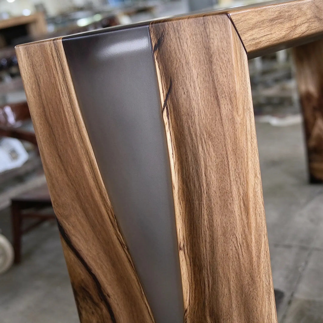 Seawavetable-Smooth full matte walnut surface paired with translucent grey resin river