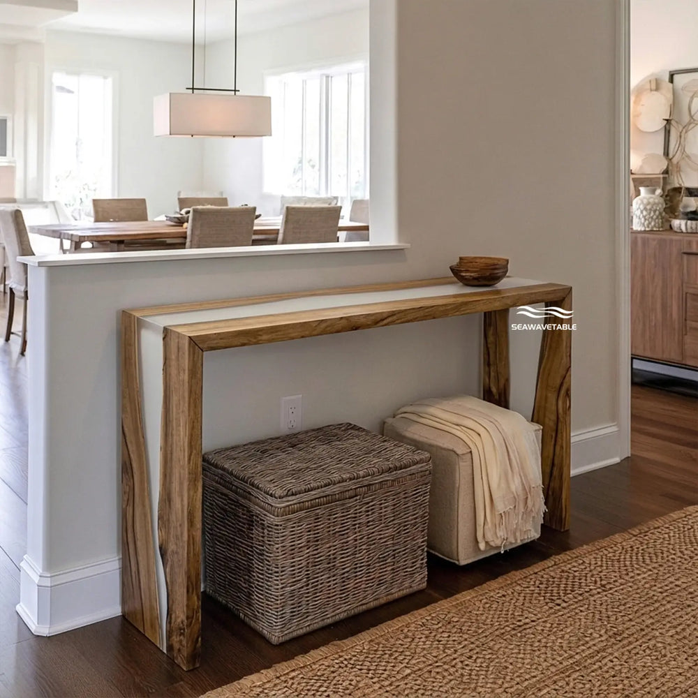 Seawavetable-15×72 inch solid black walnut double waterfall console table transparent grey resin