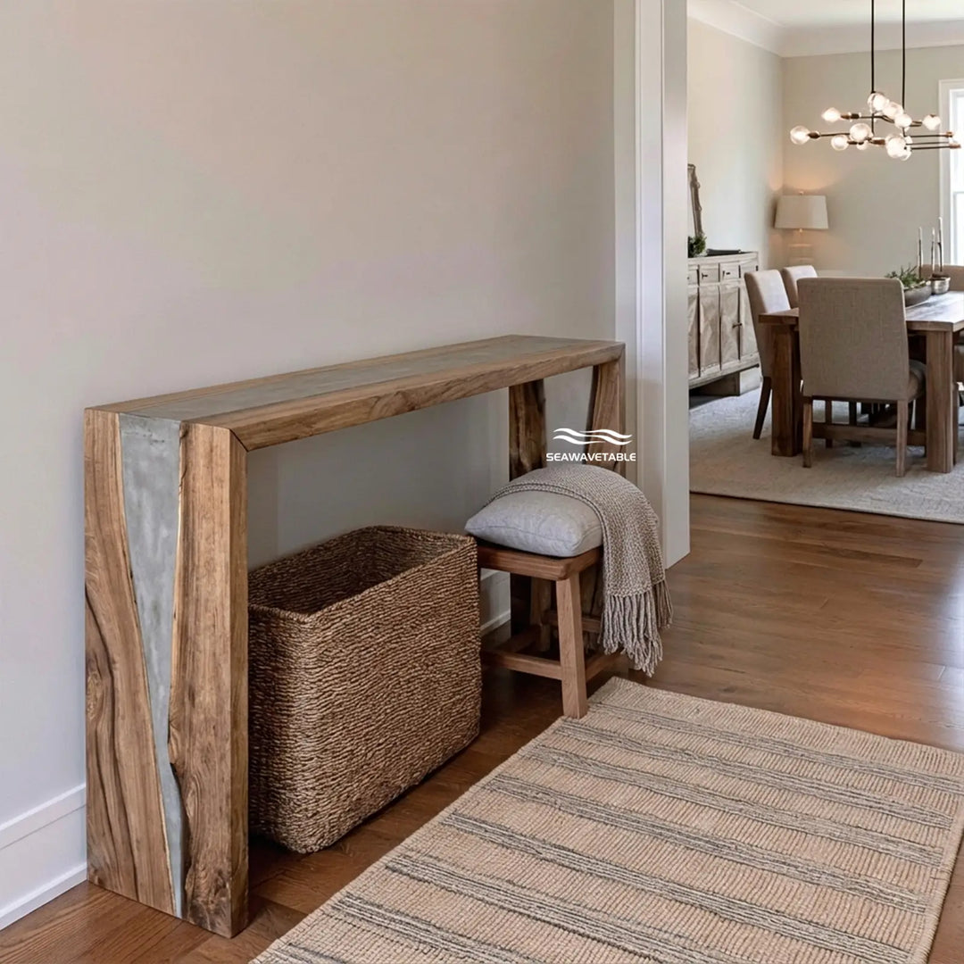 Seawavetable-Minimalist straight edge walnut console table continuous grey epoxy channel design