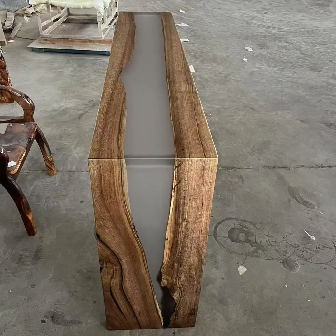 Seawavetable-Premium black walnut slab waterfall entryway table translucent grey resin