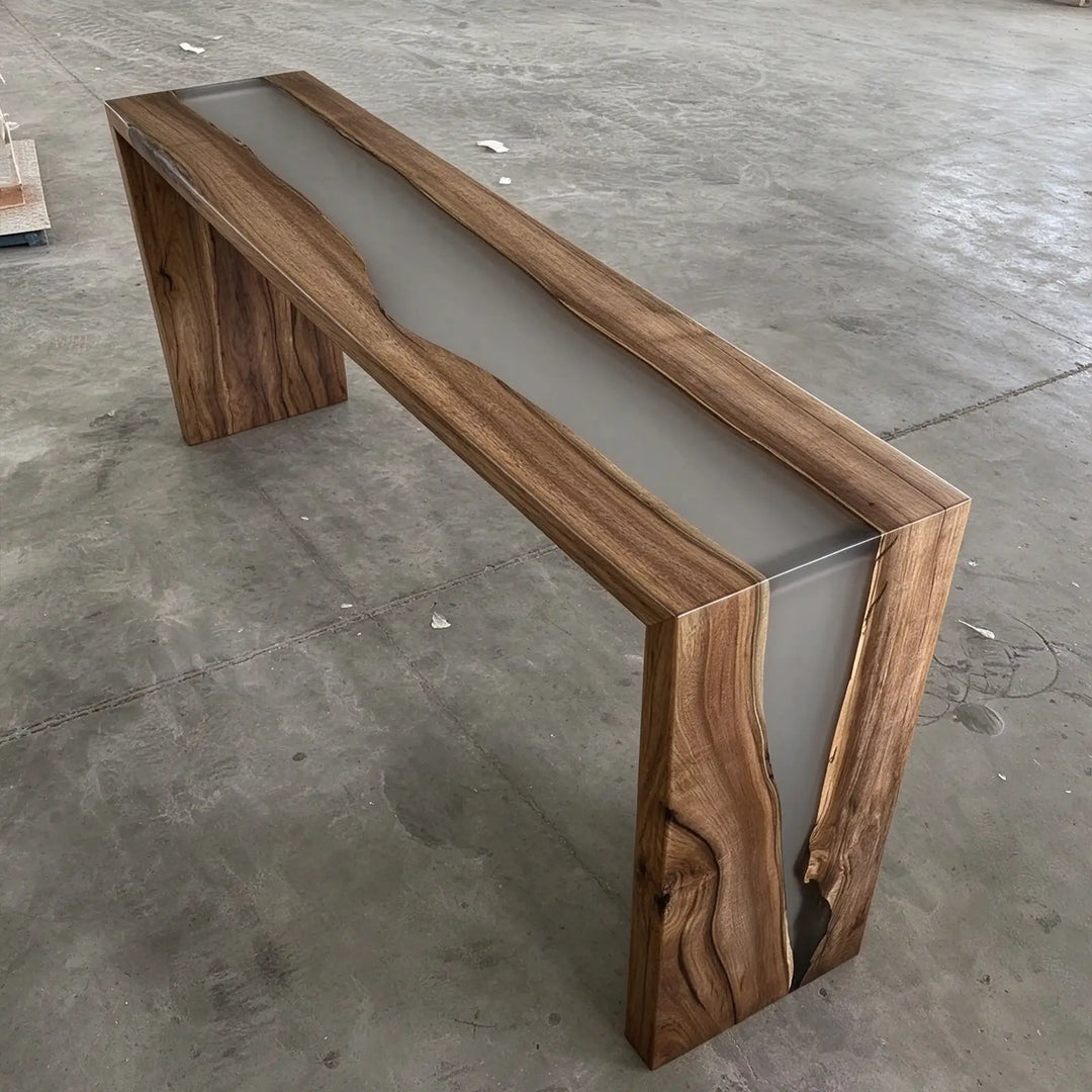 Seawavetable-Sleek transparent grey epoxy double waterfall console table solid black walnut build