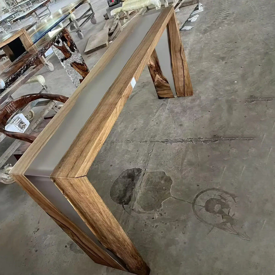 Seawavetable-Artisan handmade double waterfall console table flowing grey epoxy resin