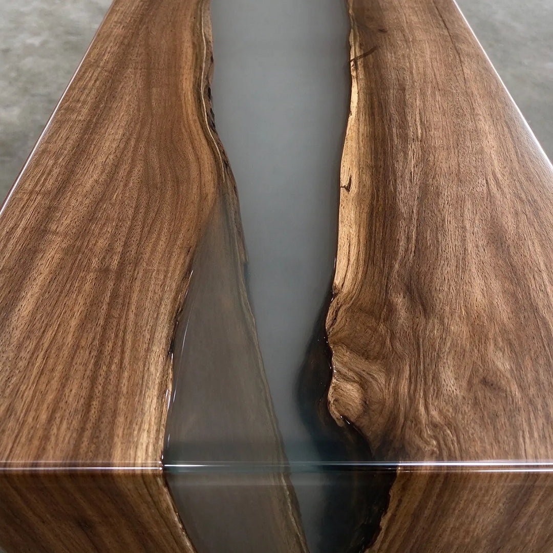 Seawavetable-Organic style black walnut hallway table matte finish clear grey resin channel