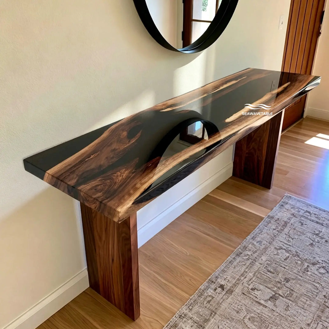 Seawavetable-Modern black resin river console table with straight edge finish