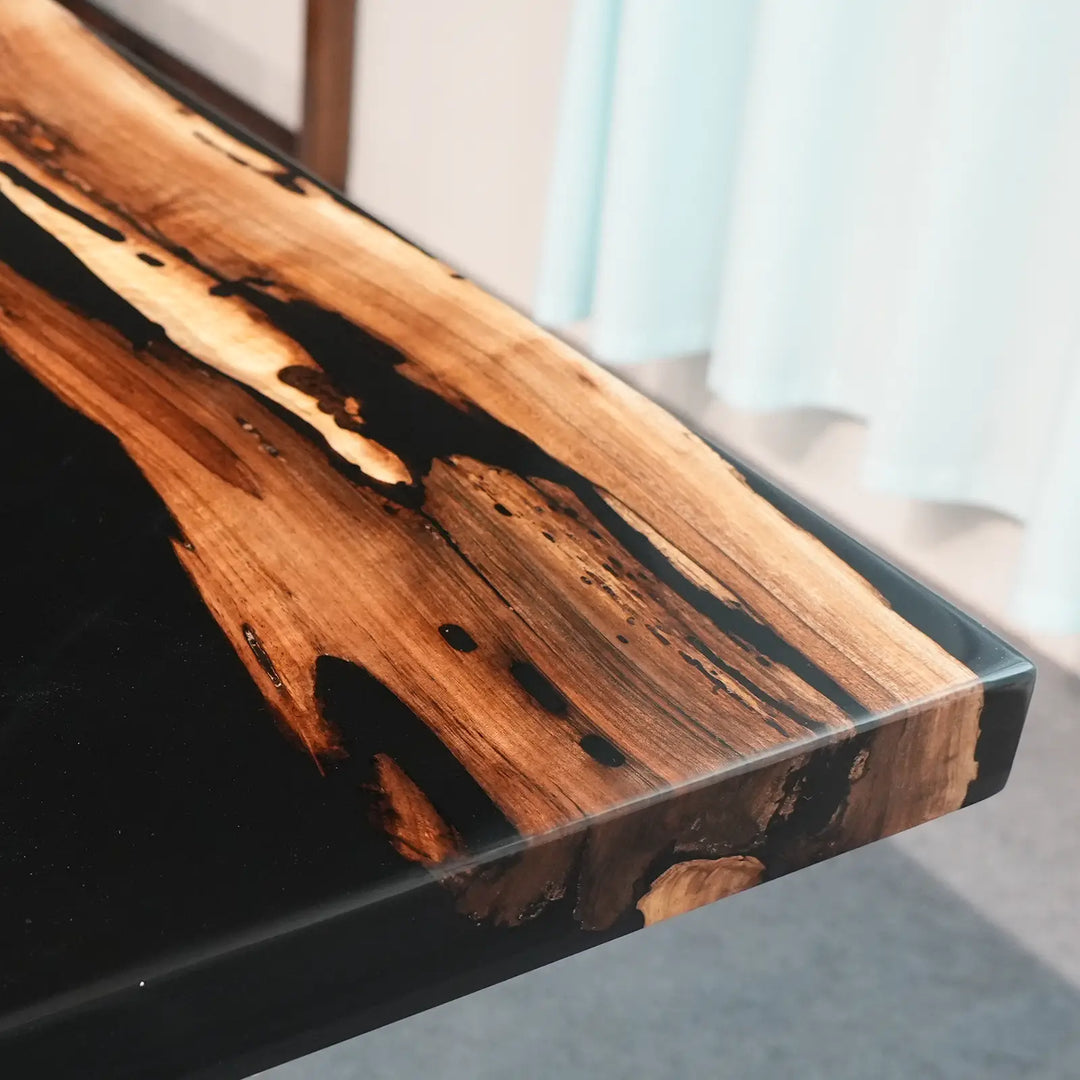 Seawavetable-Warm walnut grain black epoxy console table home interior