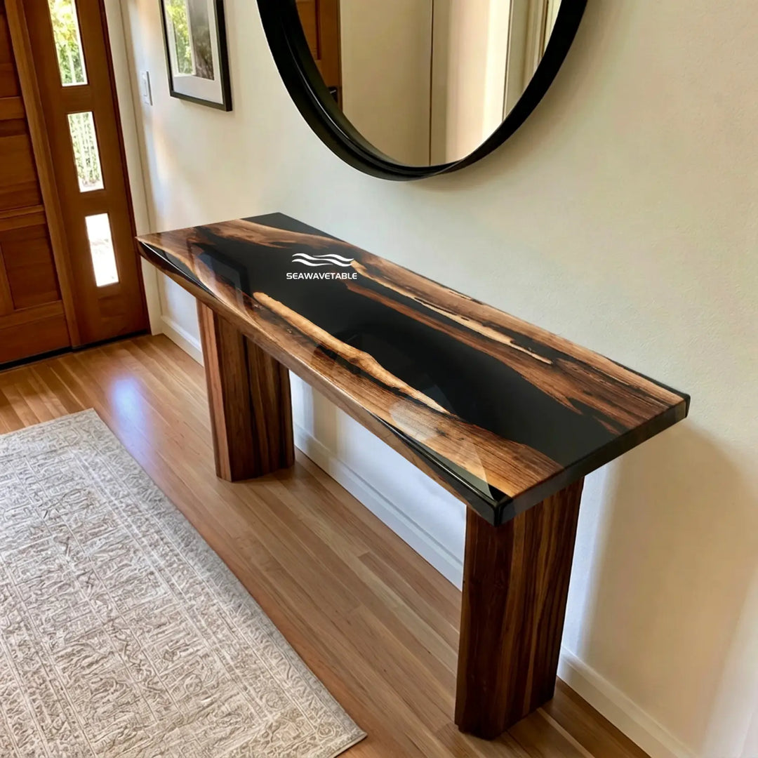 Seawavetable-Black Walnut epoxy river console table with opaque black resin high gloss surface