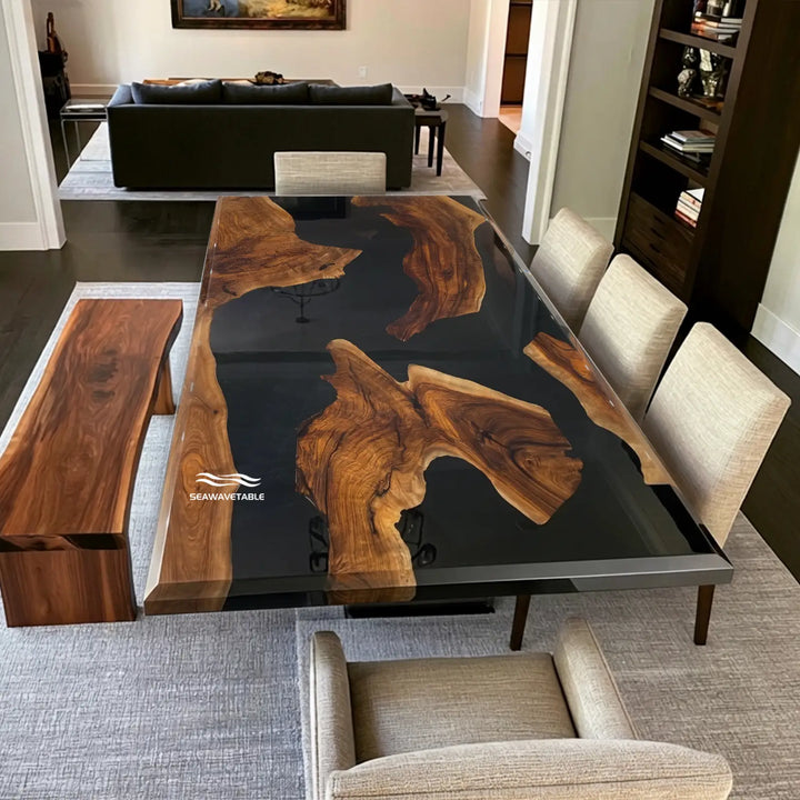 Seawavetable-in stock black walnut epoxy river dining table pure black resin high gloss finish beveled edge