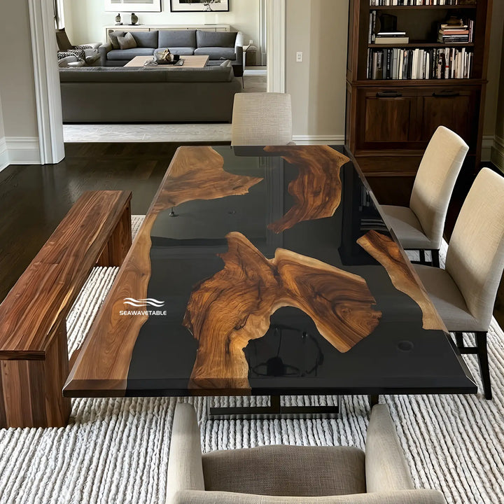 Seawavetable-beveled edge detail black walnut river table high gloss surface finish