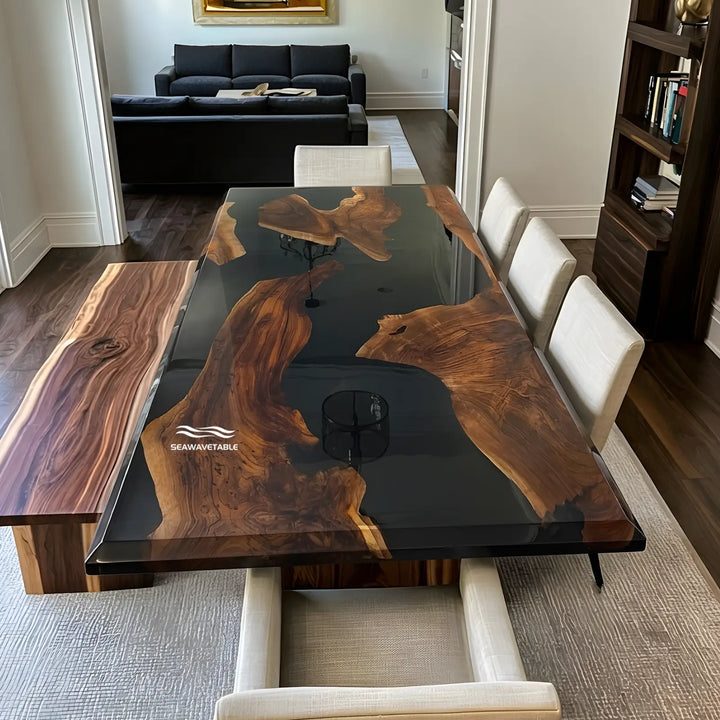 Seawavetable-pure black resin river center detail black walnut dining table