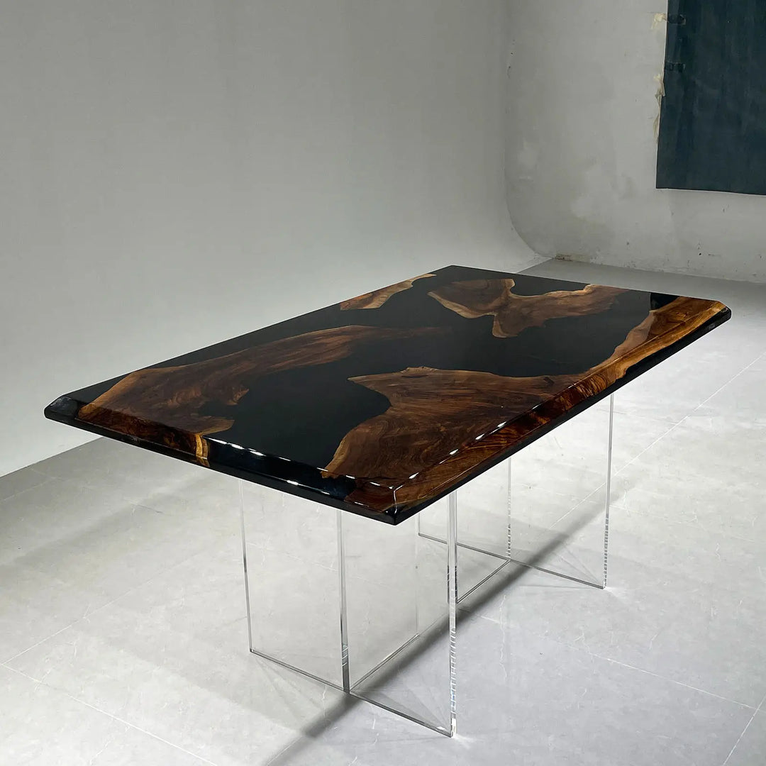 Seawavetable-high gloss reflective finish black walnut epoxy dining table 