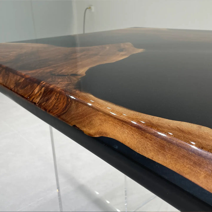 Seawavetable-smooth pure black epoxy resin flow black walnut dining table