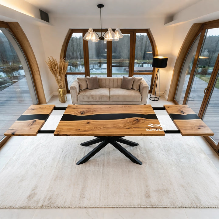 Seawavetable‑Custom handmade solid walnut expandable dining table, opaque black epoxy river, straight edge, matte finish, modern dining room full view, epoxy wood table