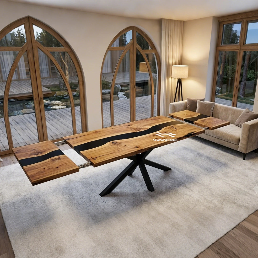 Seawavetable‑Walnut epoxy table retracted compact state, dual‑side fold‑out expandable dining table with solid black opaque epoxy river river table