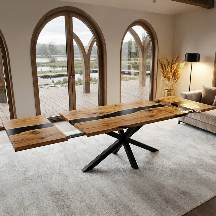 Seawavetable‑Fully extended expandable dining table, solid walnut continuous opaque black epoxy river, matching dual side extension leaves walnut river table