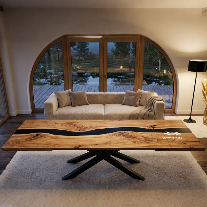 Seawavetable‑Walnut epoxy table, natural wood grain meeting matte opaque black epoxy river straight‑edge tabletop river table
