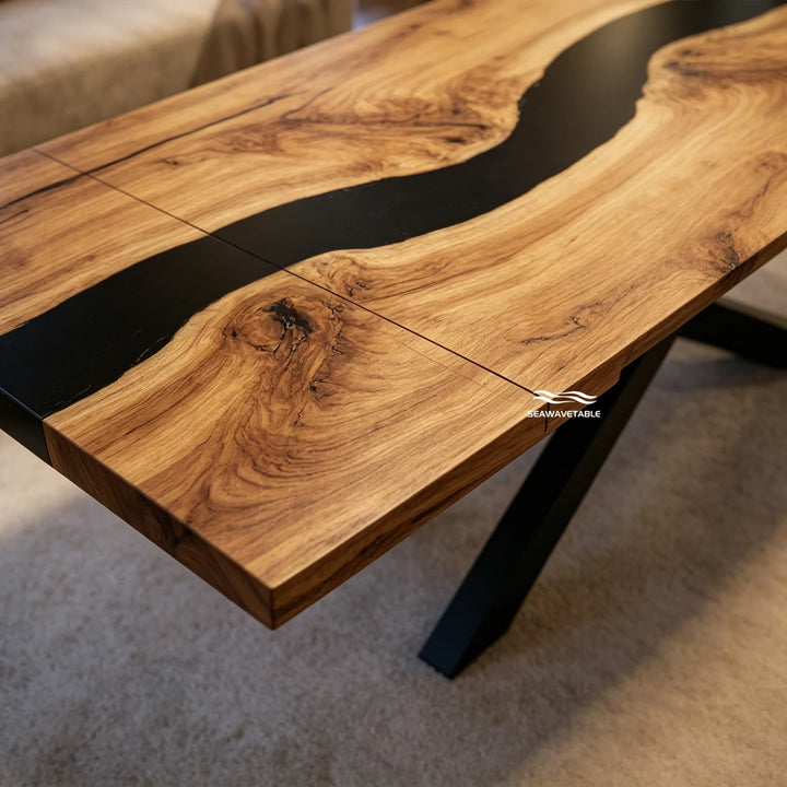 Seawavetable‑Natural walnut wood grain meeting matte opaque black epoxy river, straight‑edge solid walnut expandable table, river table