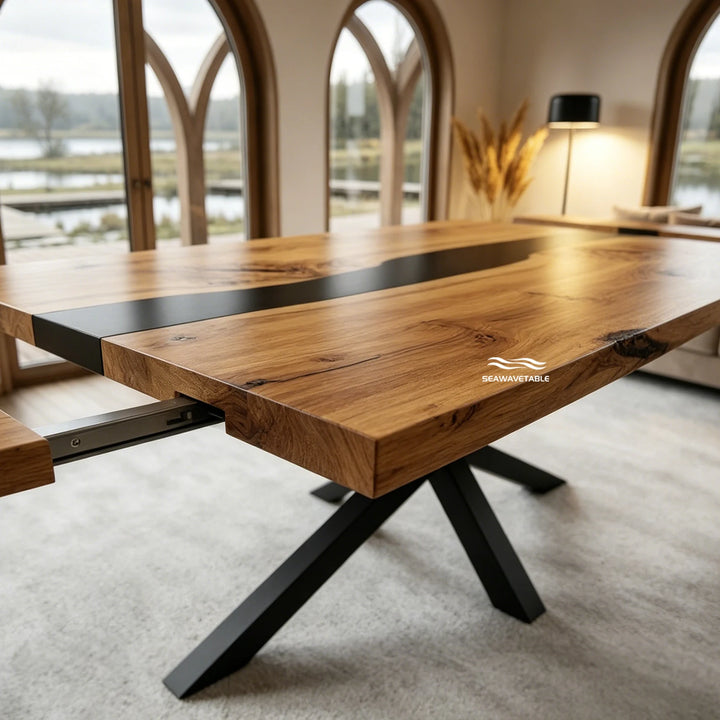 Seawavetable‑Handmade walnut expandable epoxy dining table with matte black resin river, styled for mid‑century modern living space