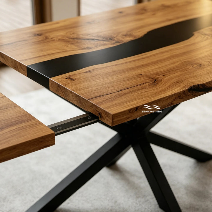 Seawavetable‑Natural grain detail of solid walnut for expandable dining table, paired with bold opaque black epoxy river, epoxy wood table