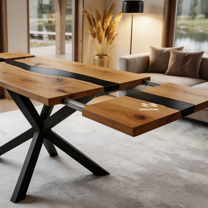 Seawavetable‑Bespoke walnut expandable epoxy dining table, straight‑edge, full matte finish, handcrafted wood‑resin river table