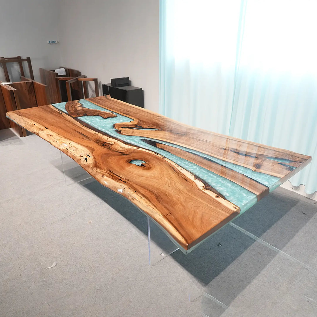 Seawavetable‑handcrafted‑walnut‑table‑shimmery‑pearlescent‑green‑epoxy