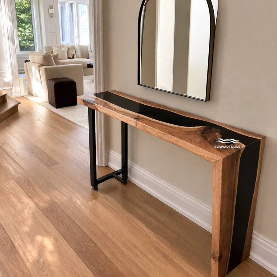 Seawavetable-Black walnut single waterfall epoxy console table matte wood glossy black resin straight edge