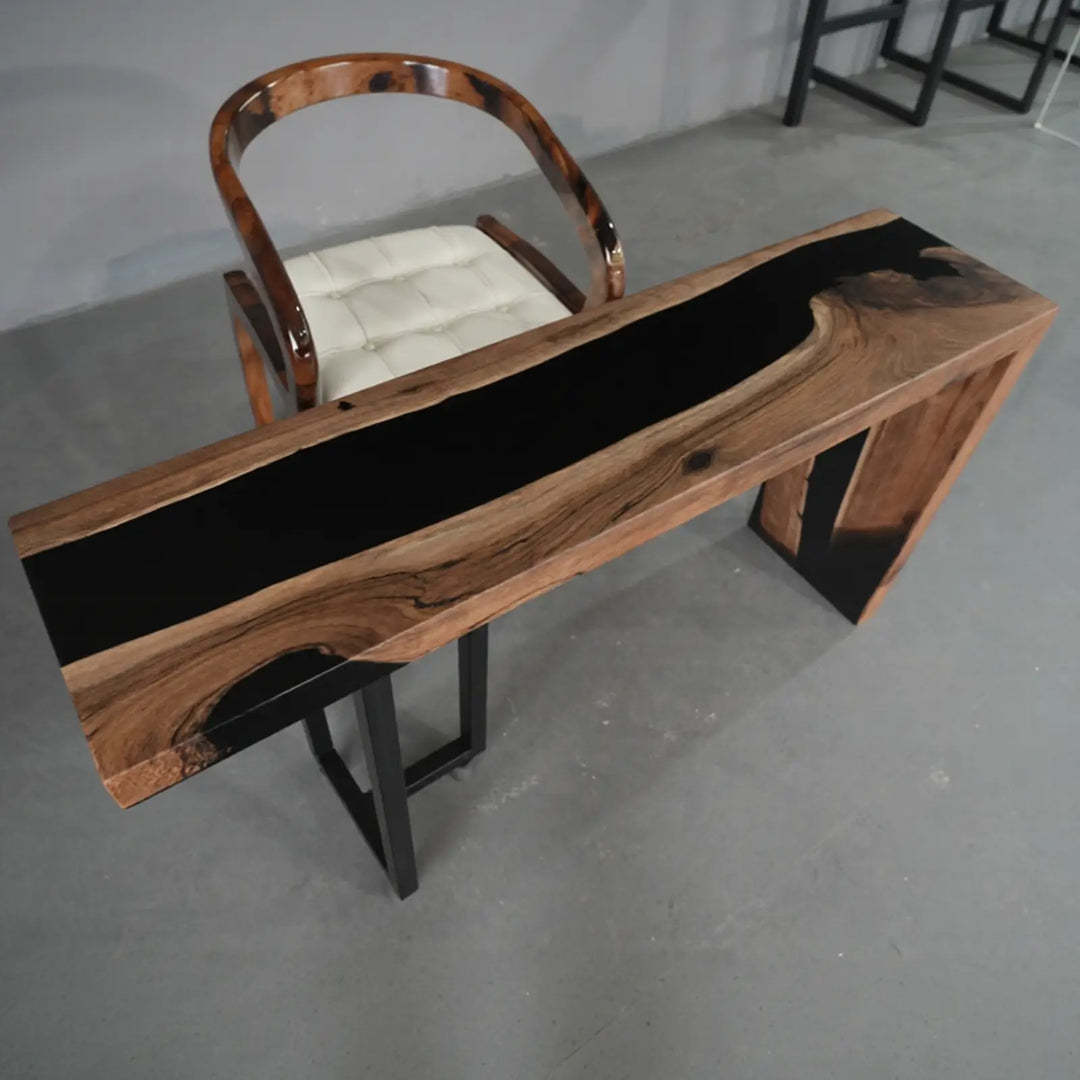 Seawavetable-Dual finish walnut epoxy table matte wood surface glossy black resin