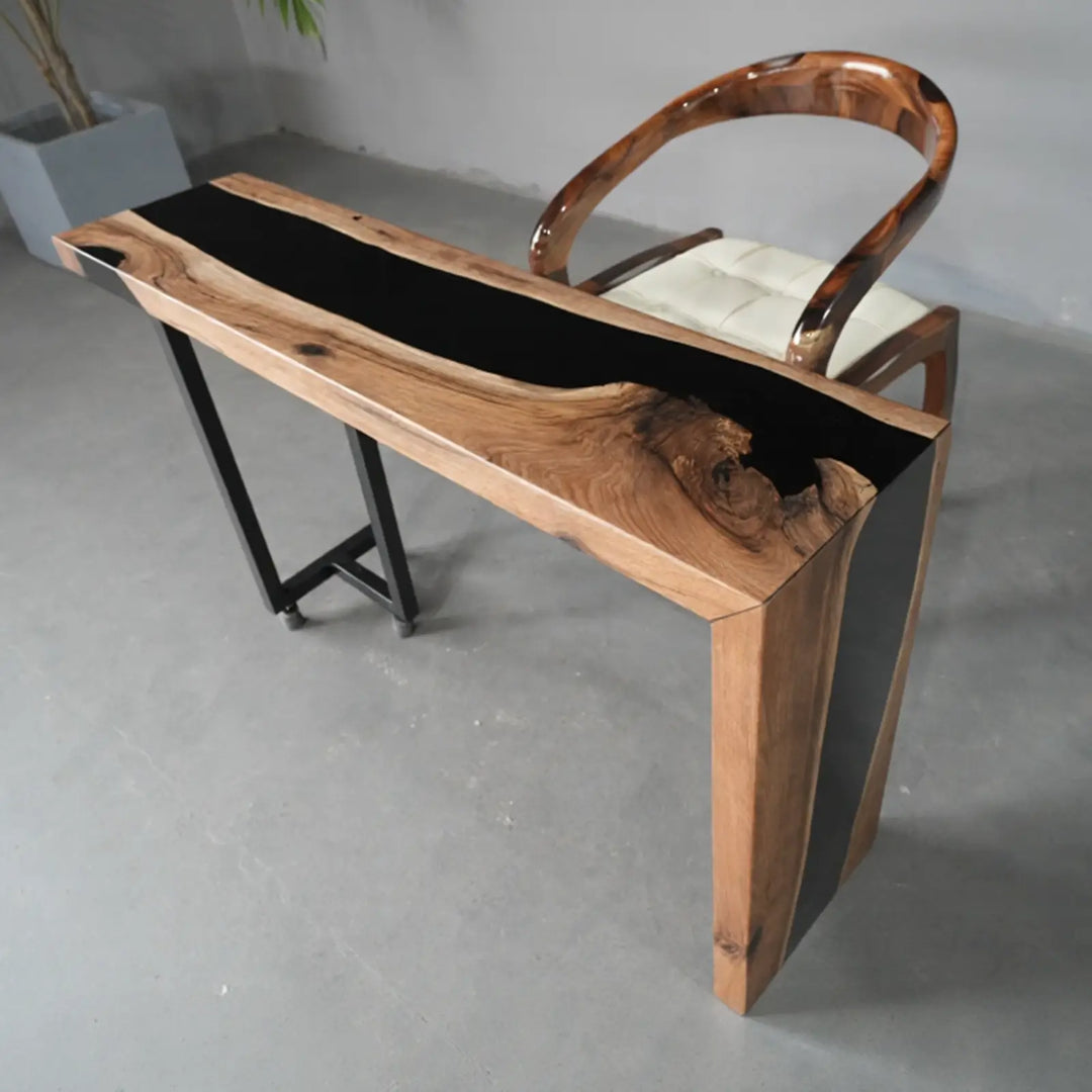 Seawavetable-Sleek black epoxy waterfall side table solid black walnut construction
