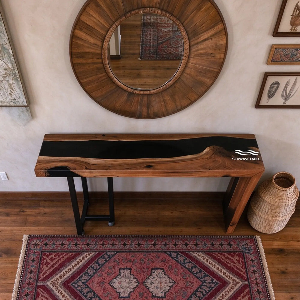 Seawavetable-12×48 inch solid black walnut waterfall table with black epoxy resin in stock