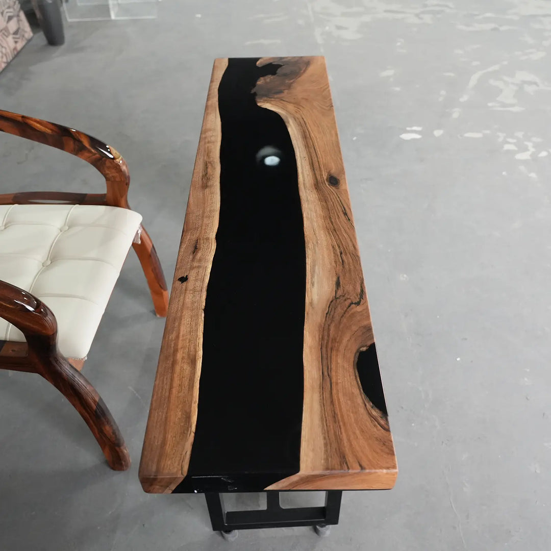 Seawavetable-Minimalist straight edge walnut console table integrated waterfall resin structure