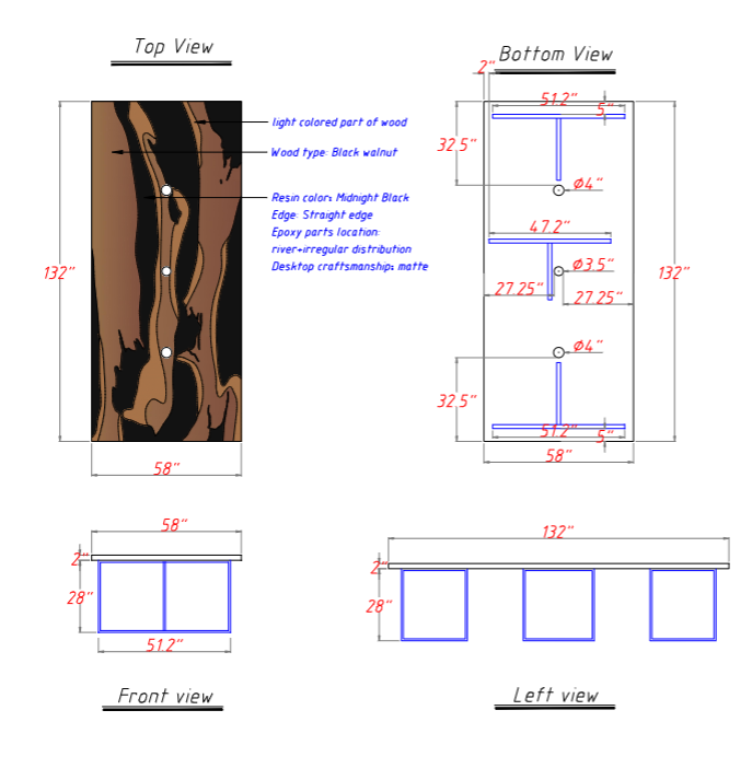 Seawavetable-Professional resin epoxy table matte finish black walnut with power grommet cutouts for office