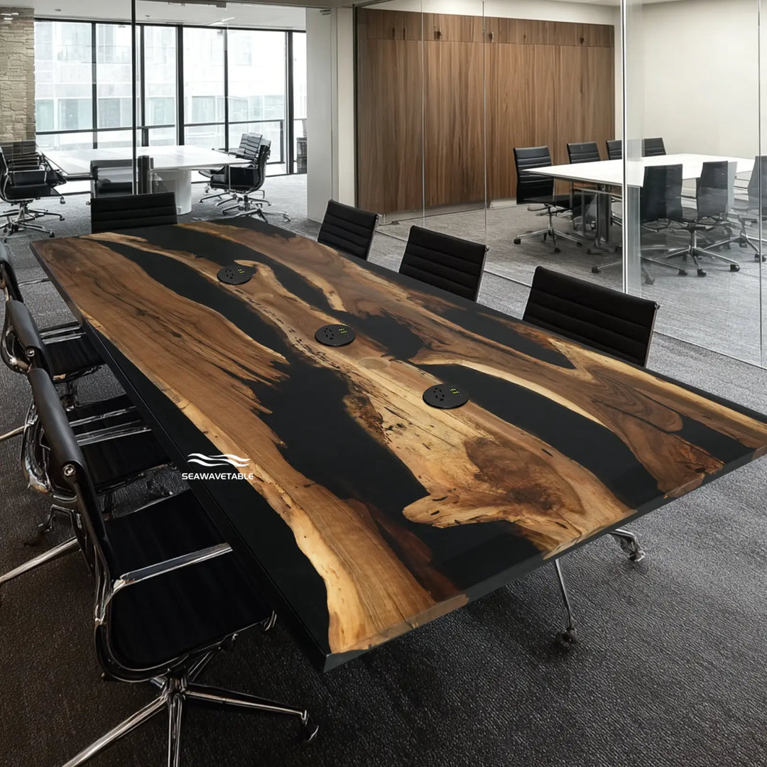 Seawavetable-Luxury black walnut epoxy table matte finish executive boardroom table with power grommets
