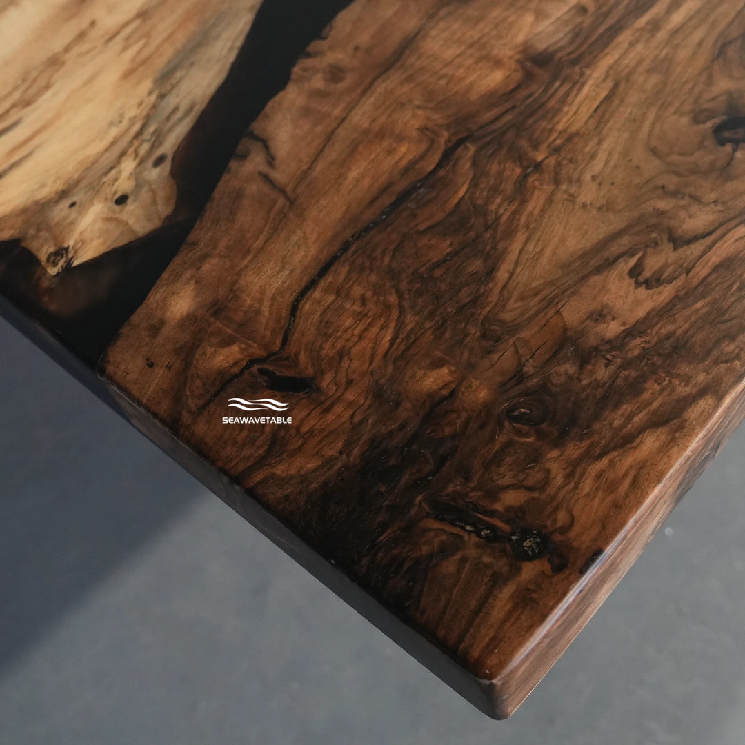 Seawavetable-Sleek matte epoxy table black walnut organic resin
