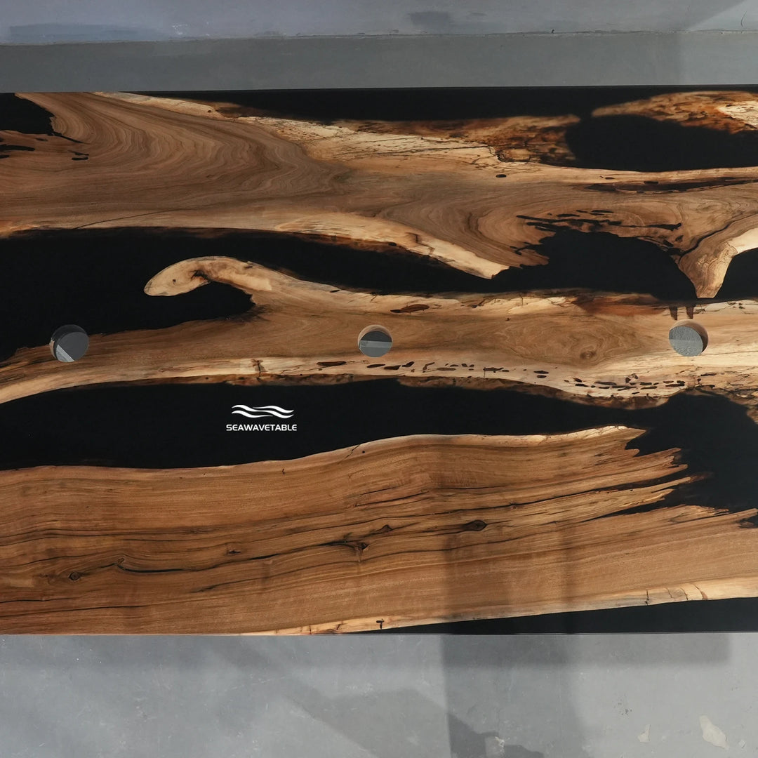 Seawavetable-Executive custom epoxy table black walnut large conference desk with built‑in circular outlets