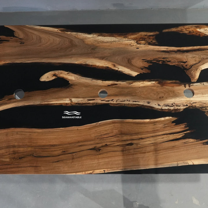 Seawavetable-Executive custom epoxy table black walnut large conference desk with built‑in circular outlets