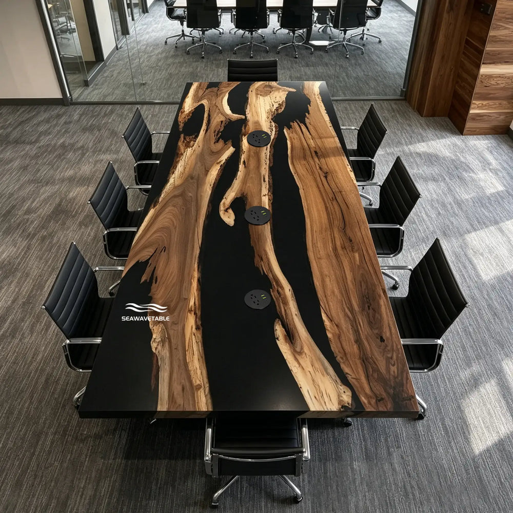 Seawavetable-Modern statement epoxy table straight edge black walnut dark resin with built‑in power outlets