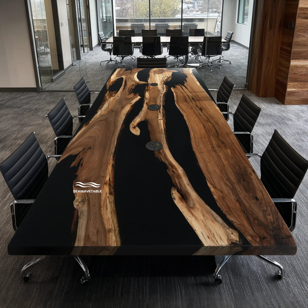 Seawavetable-Large straight edge epoxy conference table black walnut matte finish with built‑in circular power outlets
