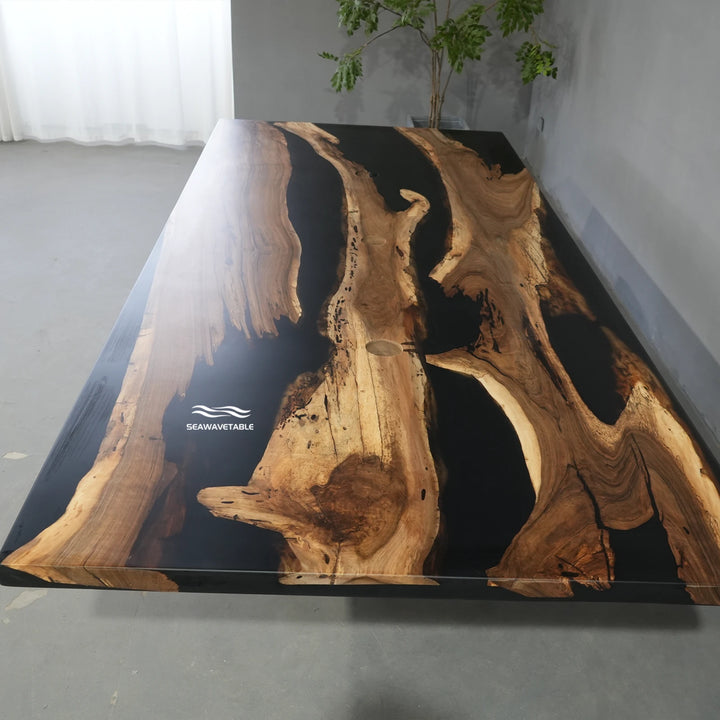Seawavetable-Handcrafted epoxy river table solid black walnut black resin with integrated office power sockets