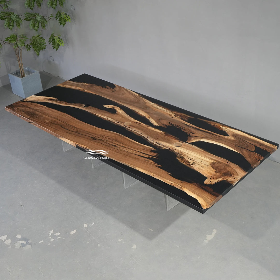 Seawavetable-Custom resin conference table matte non‑gloss surface with integrated circular power sockets