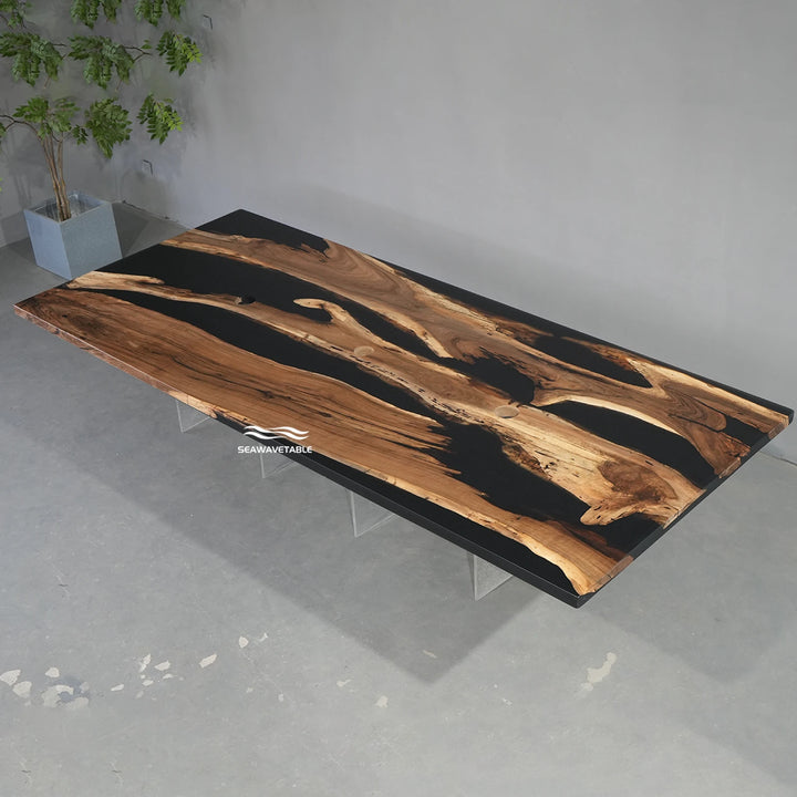 Seawavetable-Custom resin conference table matte non‑gloss surface with integrated circular power sockets