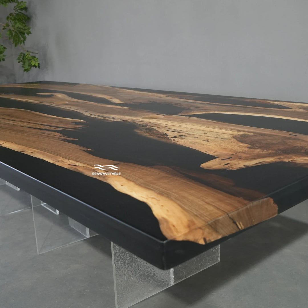 Seawavetable-Commercial black epoxy river table black walnut large meeting table with office power outlets