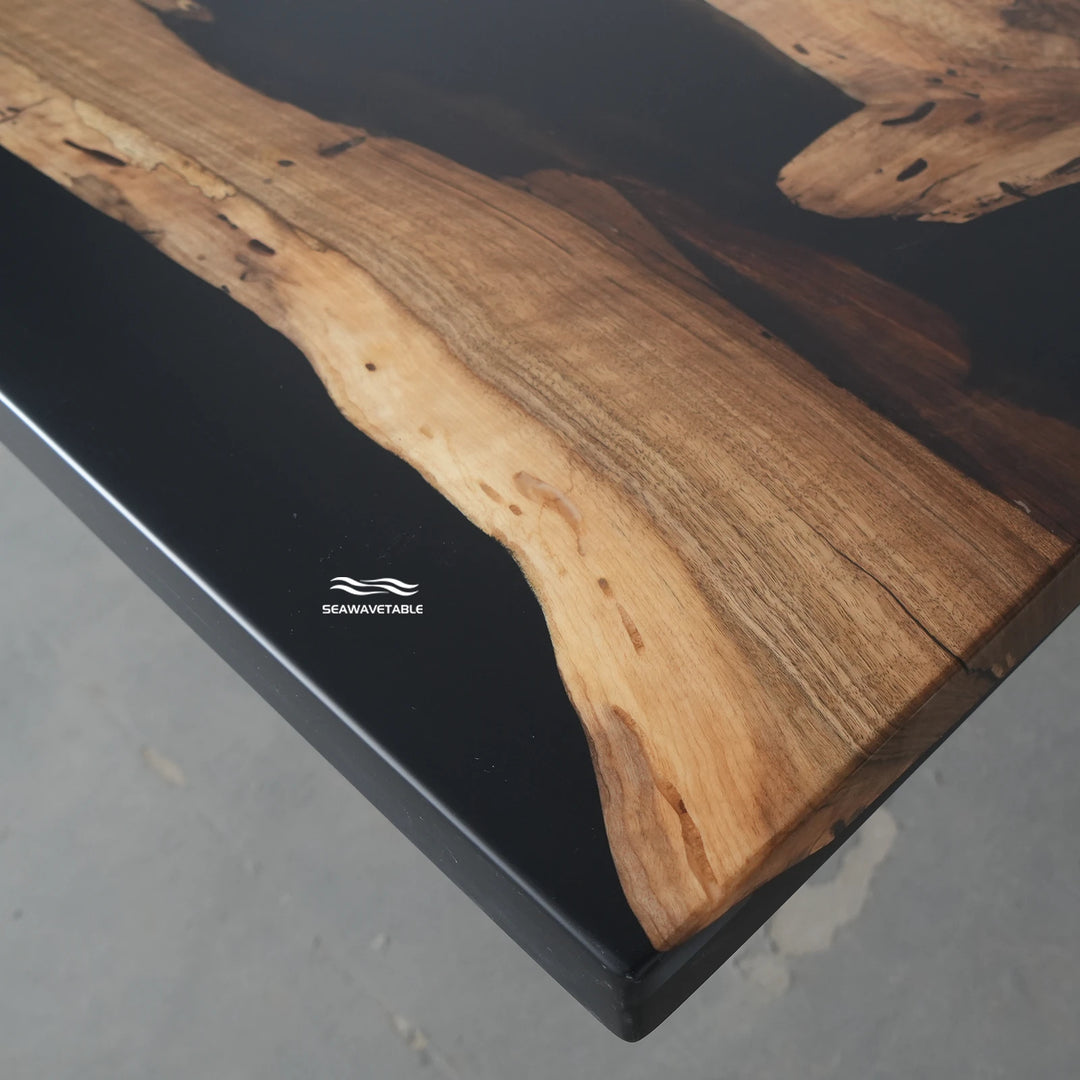 Seawavetable-Upscale straight edge epoxy table heavy‑duty walnut resin table with built‑in power grommets